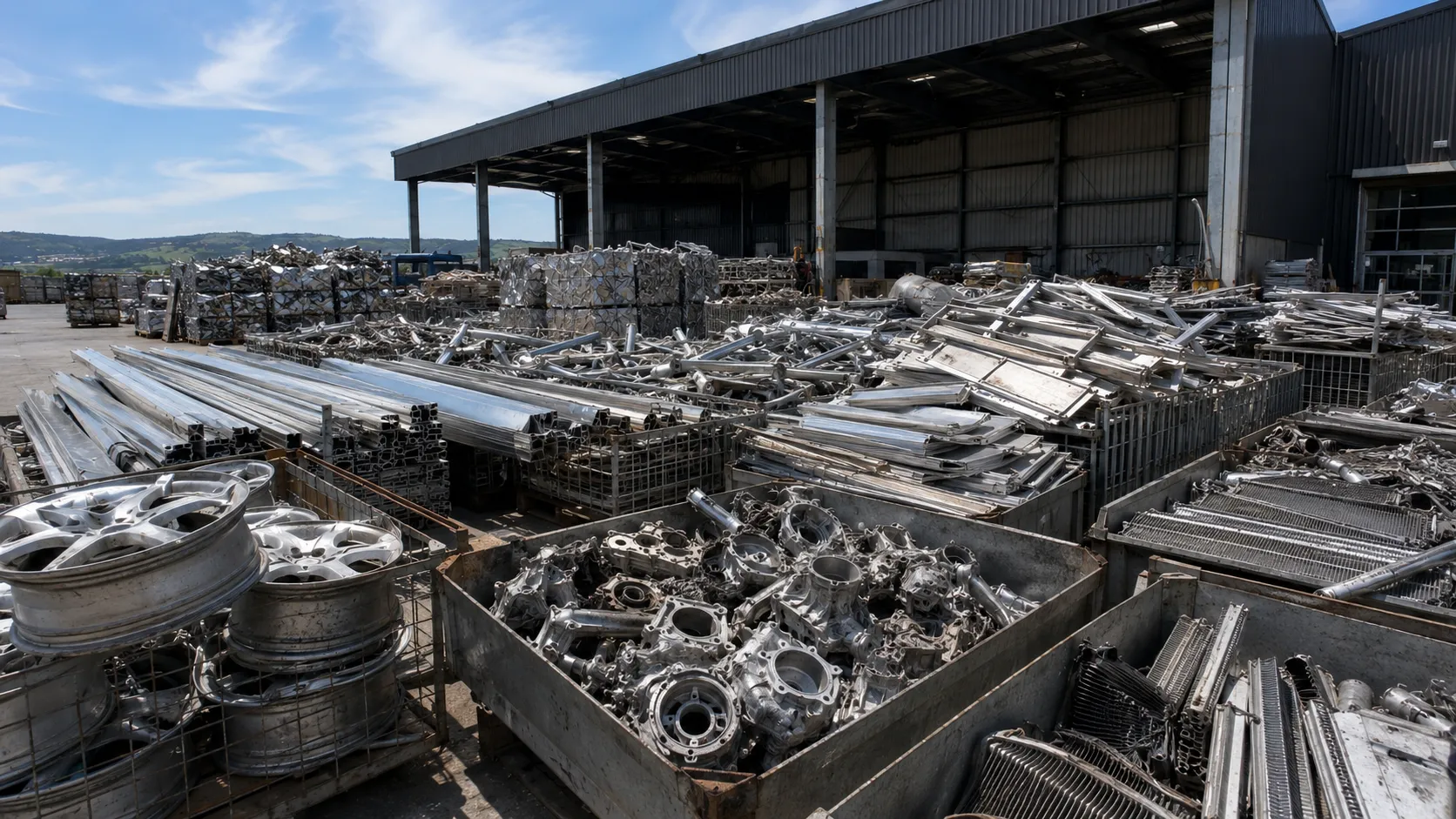 Sorted aluminum scrap in bins and stacked profiles at the yard.